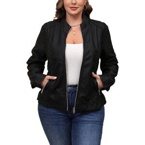 Women's Deep Black Faux Leather Quilted Shoulders & Zipper Classic Biker Jacket